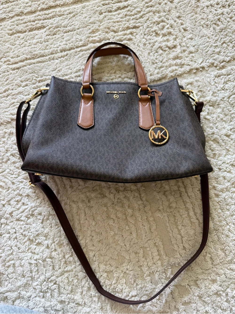 Michael Kors Emma Medium Signature Satchel Crossbody Brown Leather